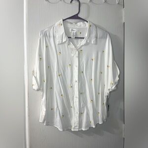 🛍️NWT Japna XL White Lemon Embroidered Button Down Shirt with Cuffed Sleeves